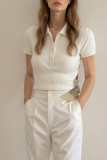 Polo en Maille Côtelée à Manches Courtes pour Femmes
