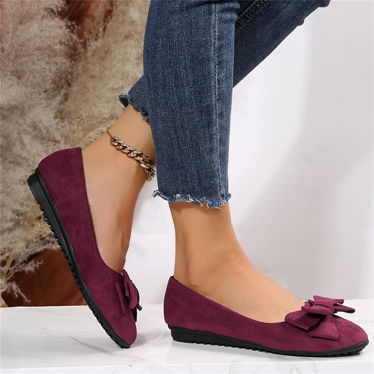Chaussures Plates à Enfiler avec Nœud et Finition Suédine pour Femmes