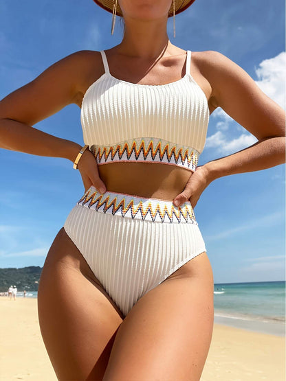 Women's Ribbed Swimsuit - Adjustable Top, High Waisted Bottom
