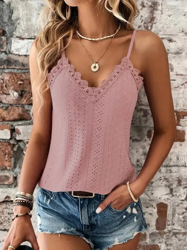 Top Femme Sans Manches en Broderie Anglaise – Col V et Bretelles Réglables