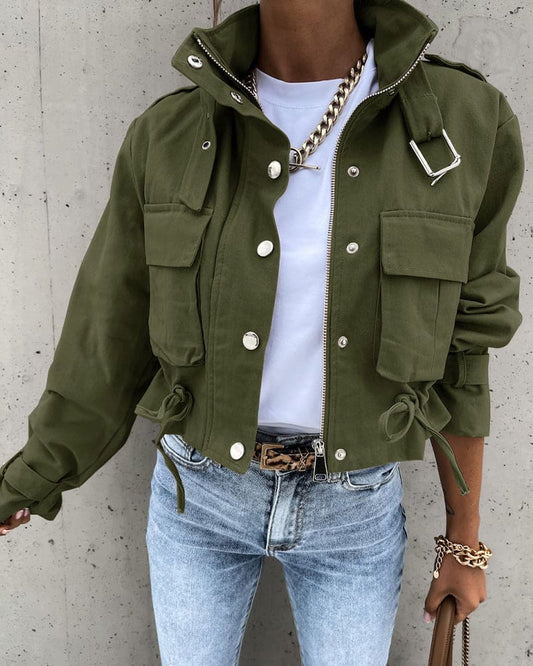 Women's Jacket with Flap Pockets and Adjustable Drawstring