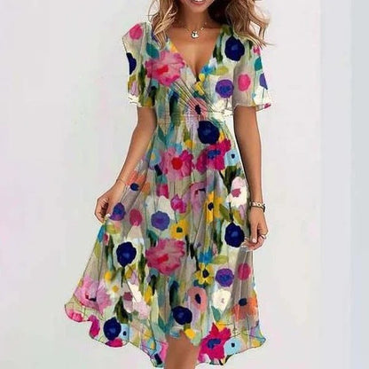 Robe Portefeuille Mi-Longue à Col V pour Femme – Manches Volantes Courtes – Taille Cintrée – Coupe Évasée