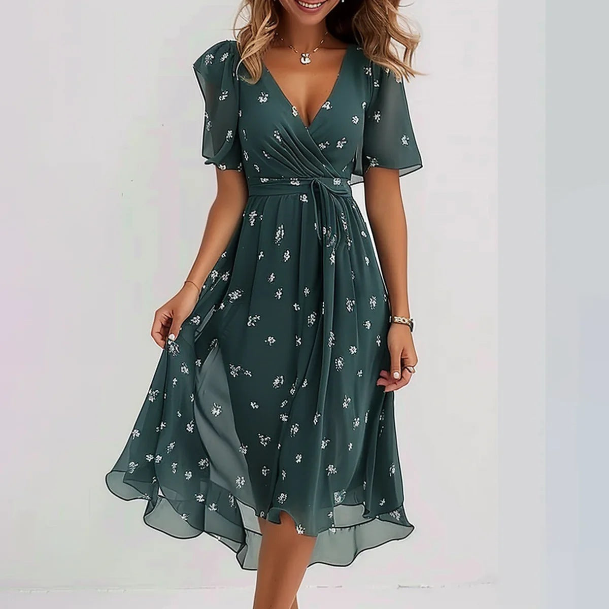 Robe Portefeuille Mi-Longue à Col V pour Femme – Manches Volantes Courtes – Taille Cintrée – Coupe Évasée