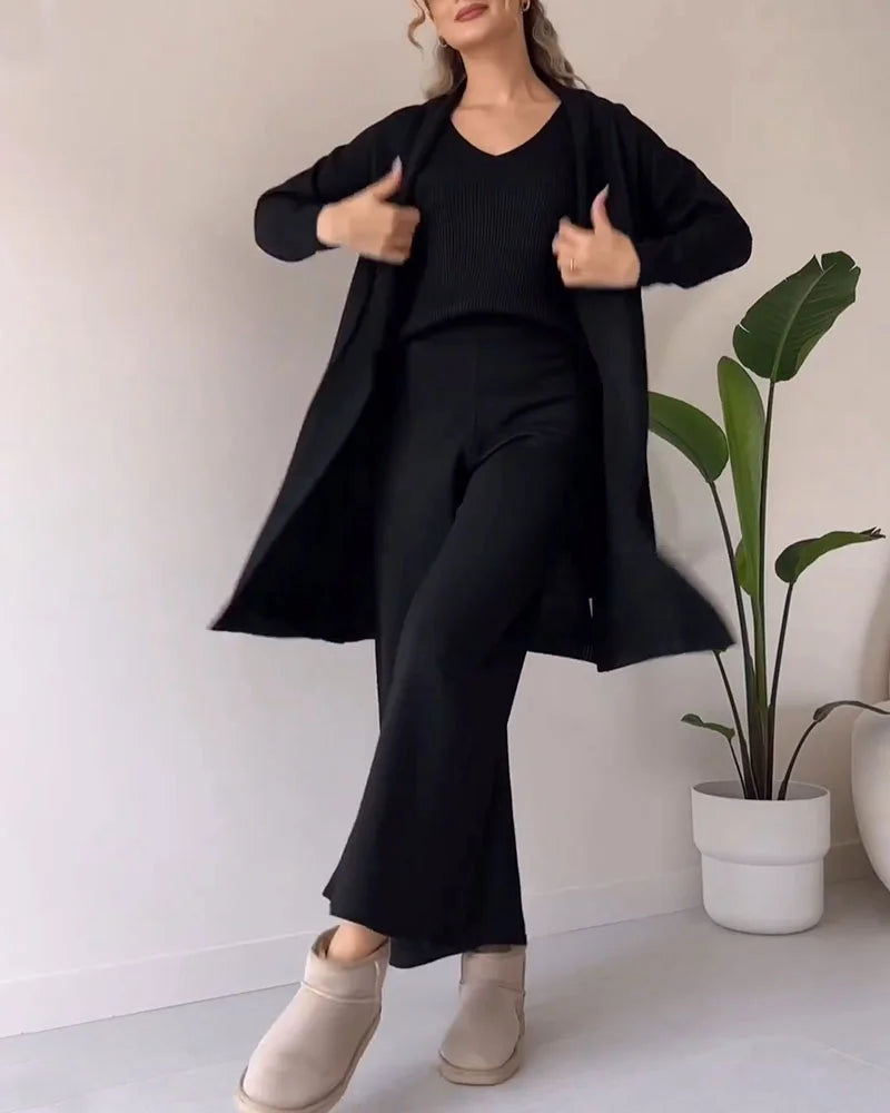 Ensemble Élégant Femme Trois Pièces – Haut Sans Manches, Robe Midi et Veste Tailleur