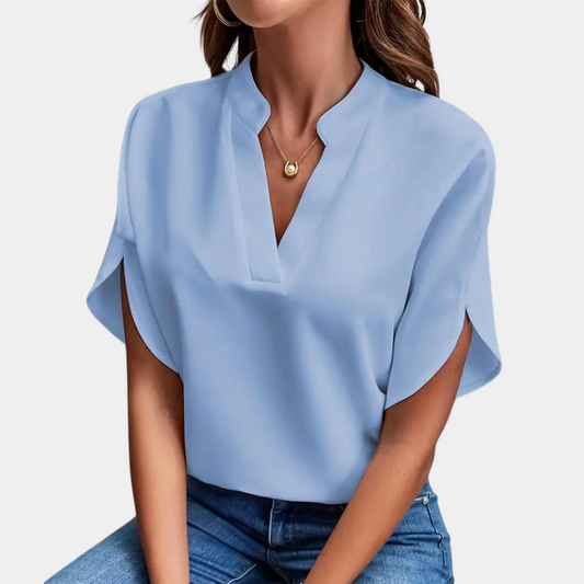 Blouse Femme Légère – Col Montant avec Encolure en V et Manches Courtes