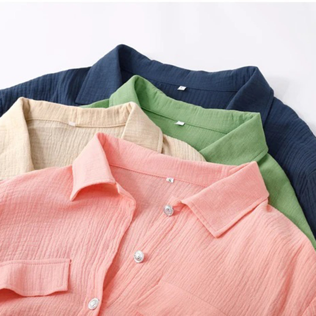 Women's Two-Piece Set - Button-Up Shirt & Elastic Waist Trousers - Relaxed Fit