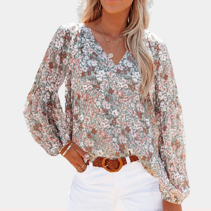 Blouse Femme Fleurie Légère – Manches Longues et Col en V