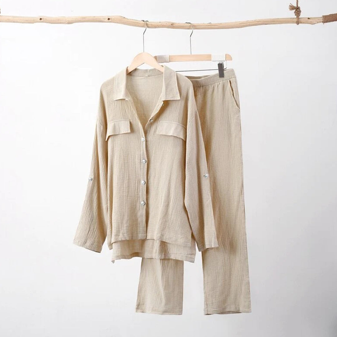 Women's Two-Piece Set - Button-Up Shirt & Elastic Waist Trousers - Relaxed Fit