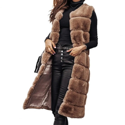 Gilet Long Sans Manches pour Femmes en Fausse Fourrure à Ouverture Libre