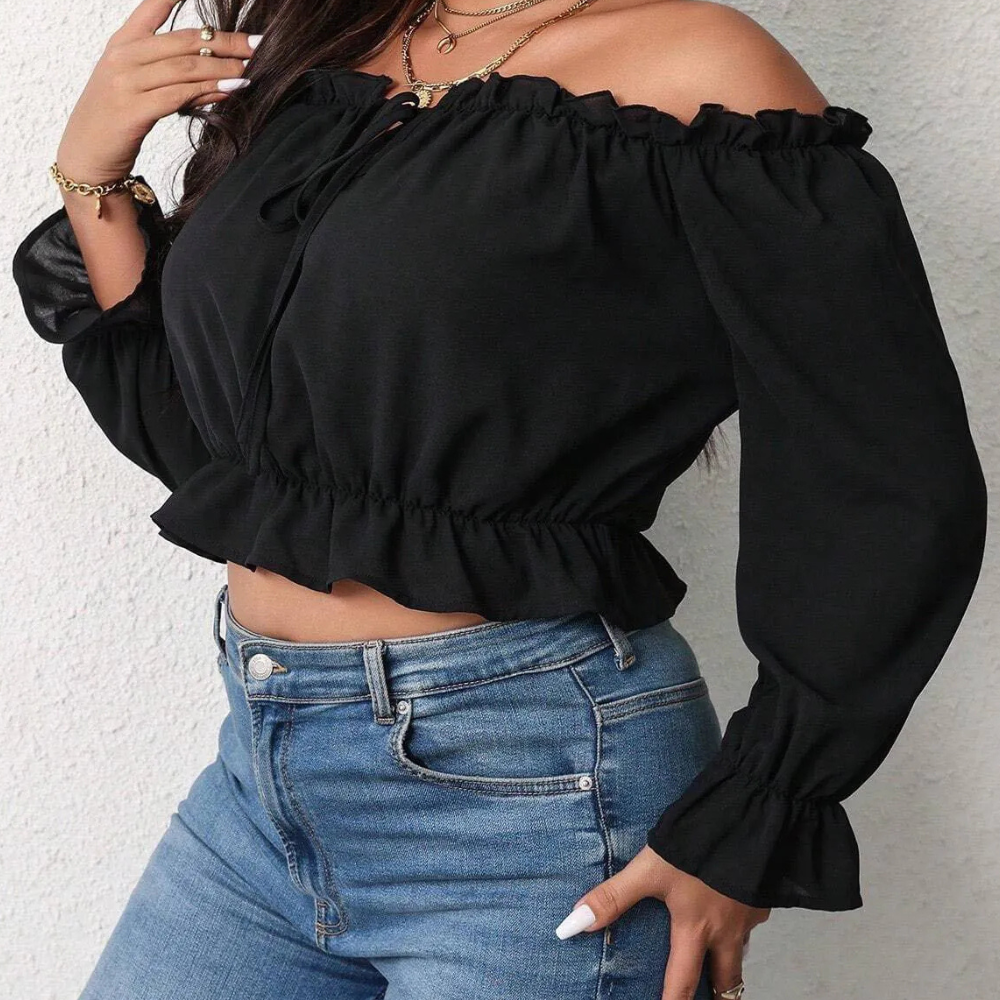 Women's Blouse à Épaules Dénudées – Manches Longues Bouffantes – Encolure Volantée