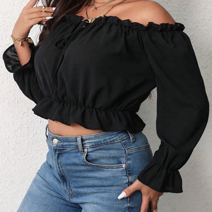 Blouse à Épaules Dénudées pour Femmes – Manches Longues Bouffantes – Encolure Volantée