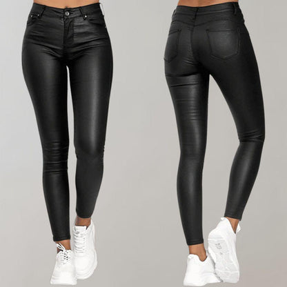 Pantalon Femme Skinny Taille Haute avec Finition Cuir et Coupe Cheville