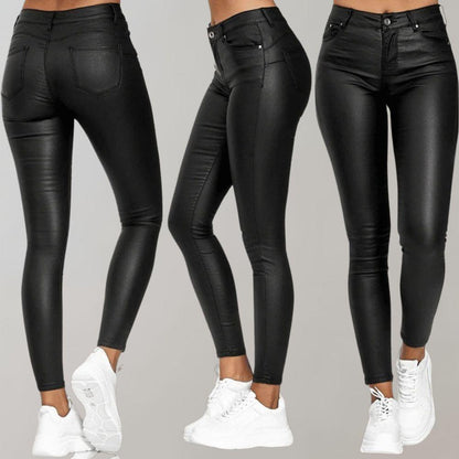 Pantalon Femme Skinny Taille Haute avec Finition Cuir et Coupe Cheville