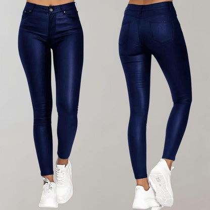 Pantalon Femme Skinny Taille Haute avec Finition Cuir et Coupe Cheville