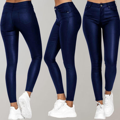 Pantalon Femme Skinny Taille Haute avec Finition Cuir et Coupe Cheville
