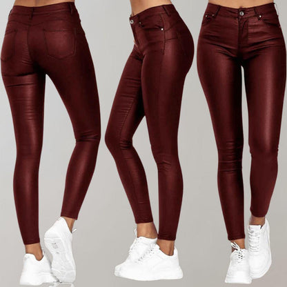 Pantalon Femme Skinny Taille Haute avec Finition Cuir et Coupe Cheville