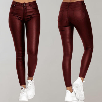 Pantalon Femme Skinny Taille Haute avec Finition Cuir et Coupe Cheville