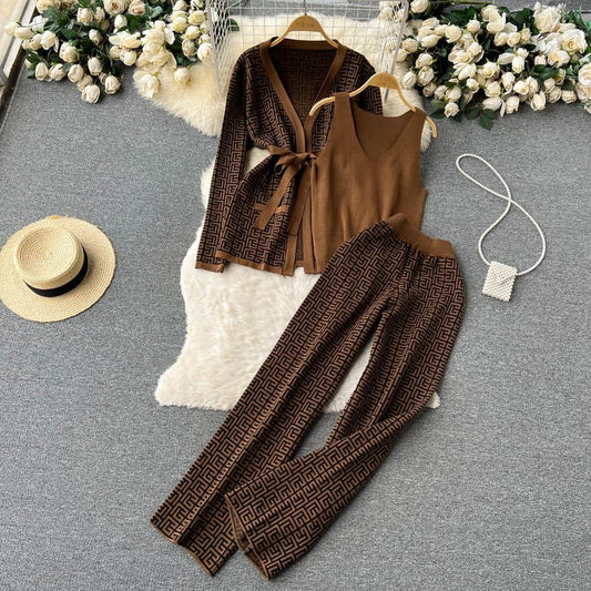 Women's Three-Piece Knit Set - Sweater, Cardigan and High-Waisted Pants