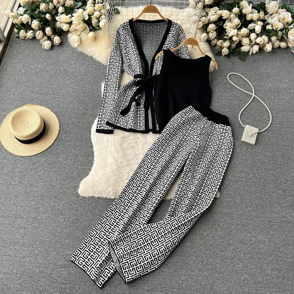Women's Three-Piece Knit Set - Sweater, Cardigan and High-Waisted Pants