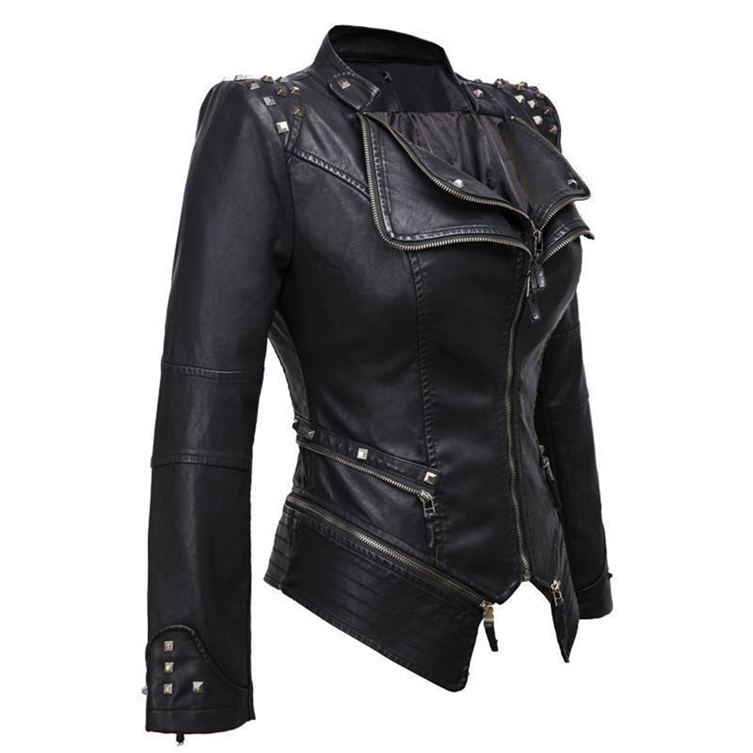 Vesen en Cuir femme - styl motorkář Ajusté - Col et Poignets Clutes - Détails Ziptés