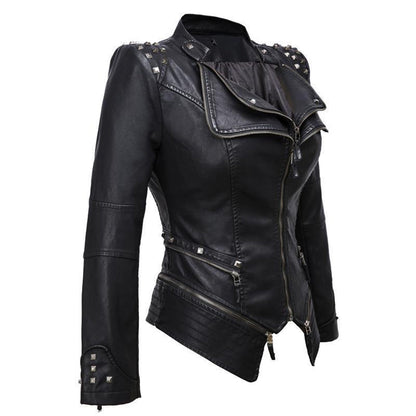 Vesen en Cuir femme - styl motorkář Ajusté - Col et Poignets Clutes - Détails Ziptés