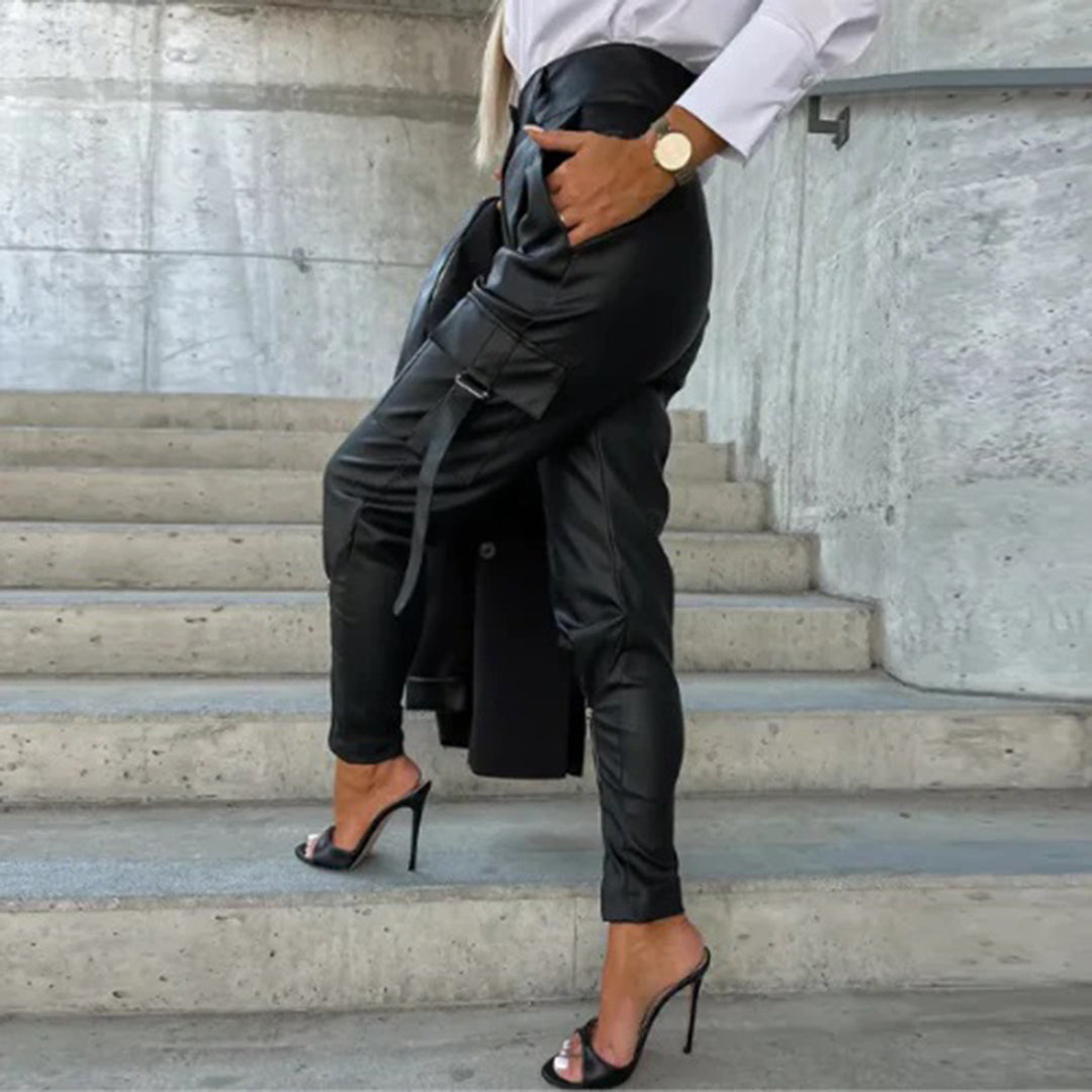 Pantalon Femme Taille Haute en Similicuir-Coupe Effilée-Style Cargo Multi-Poches
