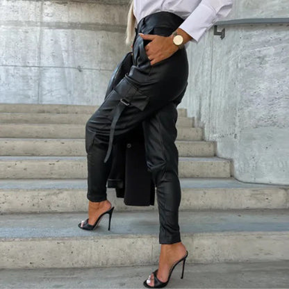 Pantalon Femme Taille Haute en Similicuir-Coupe Effilée-Style Cargo Multi-Poches