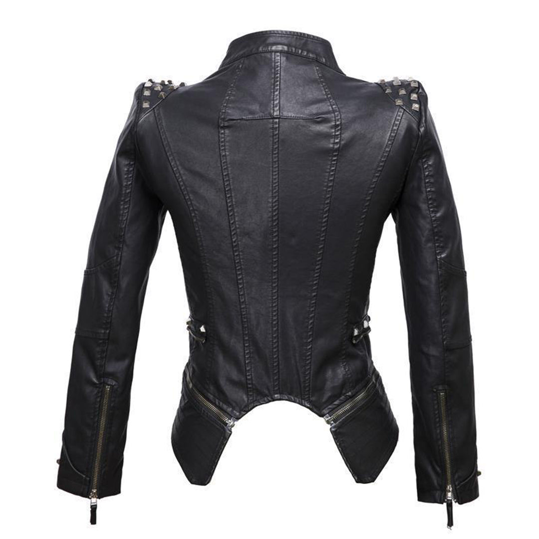 Vesen en Cuir femme - styl motorkář Ajusté - Col et Poignets Clutes - Détails Ziptés