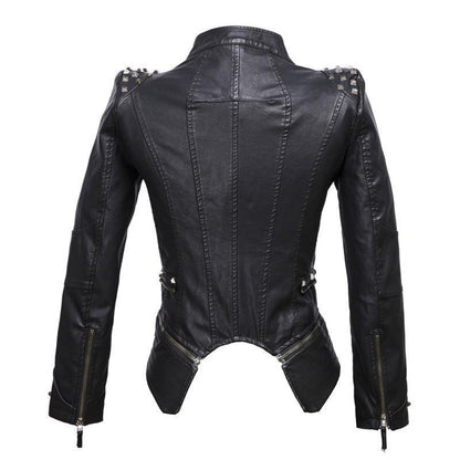 Vesen en Cuir femme - styl motorkář Ajusté - Col et Poignets Clutes - Détails Ziptés