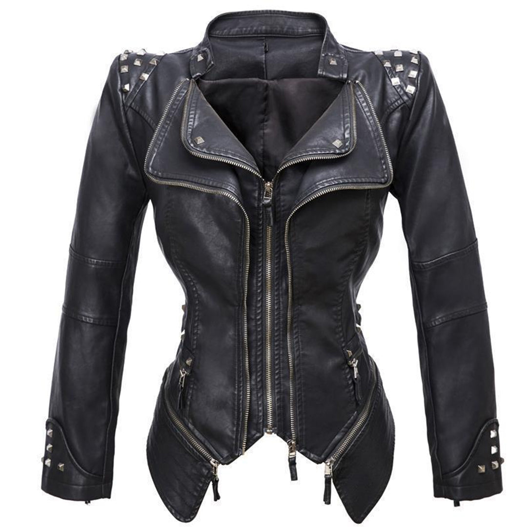 Vesen en Cuir femme - styl motorkář Ajusté - Col et Poignets Clutes - Détails Ziptés