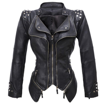 Vesen en Cuir femme - styl motorkář Ajusté - Col et Poignets Clutes - Détails Ziptés