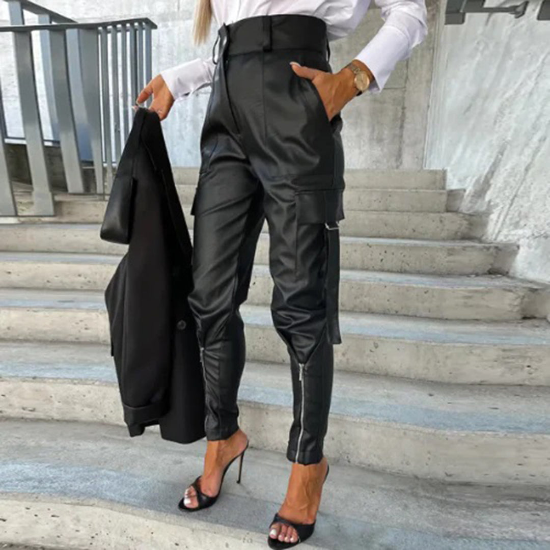Pantalon Femme Taille Haute en Similicuir-Coupe Effilée-Style Cargo Multi-Poches