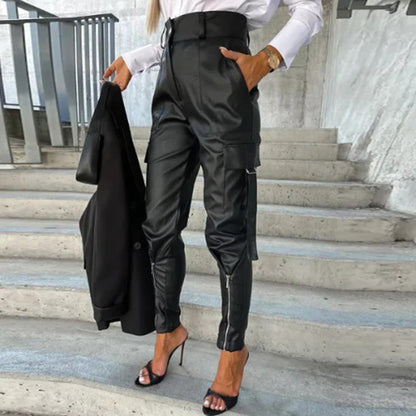 Pantalon Femme Taille Haute en Similicuir-Coupe Effilée-Style Cargo Multi-Poches