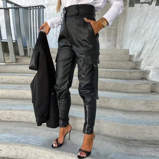 Pantalon Femme Taille Haute en Similicuir – Coupe Effilée – Style Cargo Multi-Poches
