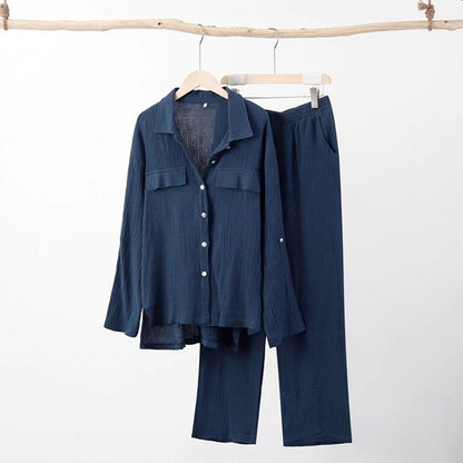 Women's Two-Piece Set - Button-Up Shirt & Elastic Waist Trousers - Relaxed Fit