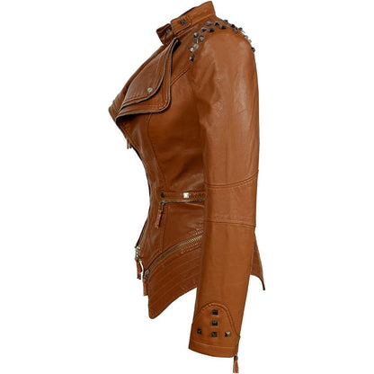 Vesen en Cuir femme - styl motorkář Ajusté - Col et Poignets Clutes - Détails Ziptés