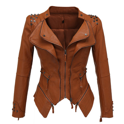 Vesen en Cuir femme - styl motorkář Ajusté - Col et Poignets Clutes - Détails Ziptés