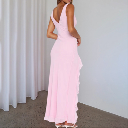 Robe de Soirée femme sans Manches à Décolleté Plonteant et Ourlet Asymétrique