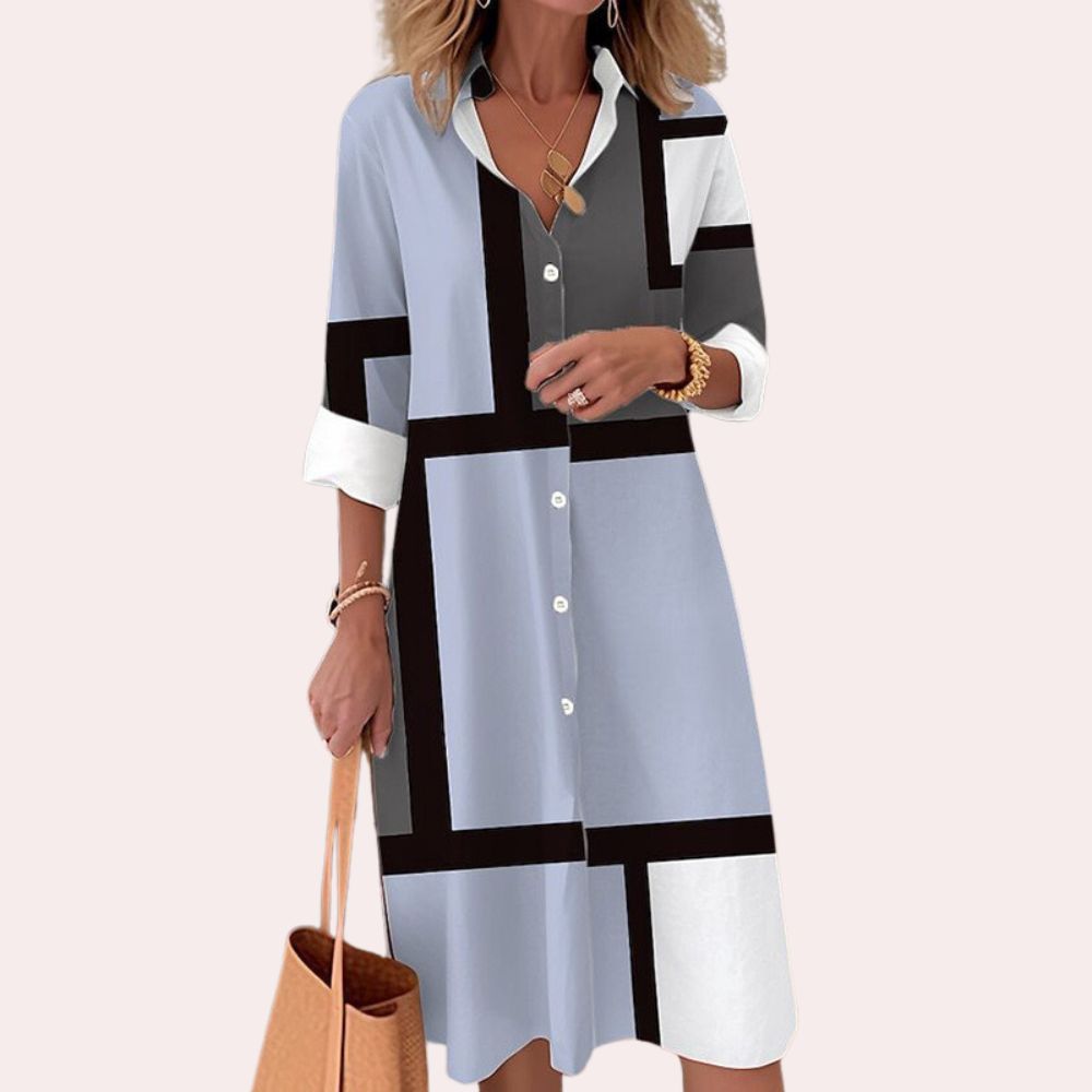 Robe-Chemise à Motif Géométrique pour Femme – Manches 3/4 Boutonnées