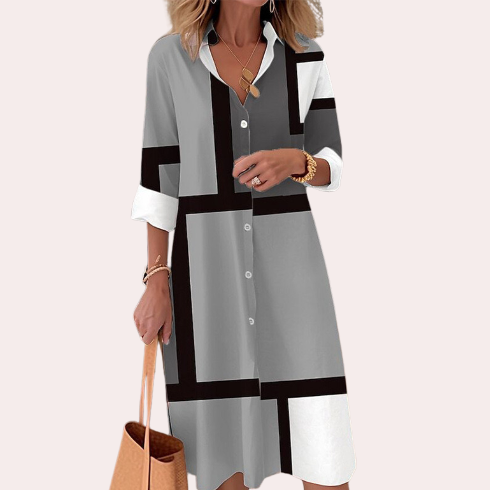 Robe-Chemise à Motif Géométrique pour Femme – Manches 3/4 Boutonnées