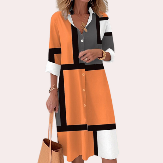 Robe-Chemise à Motif Géométrique pour Femme – Manches 3/4 Boutonnées
