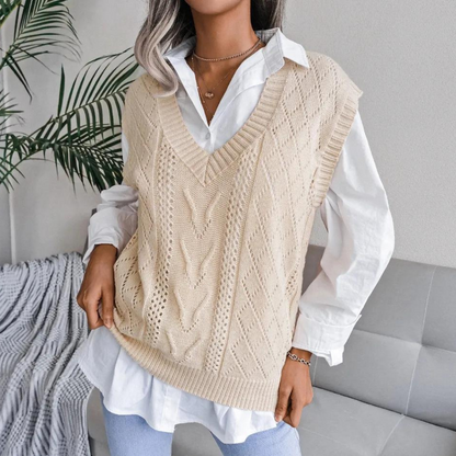 Pull Sans Manches en Maille Torsadée à Col V pour Femme