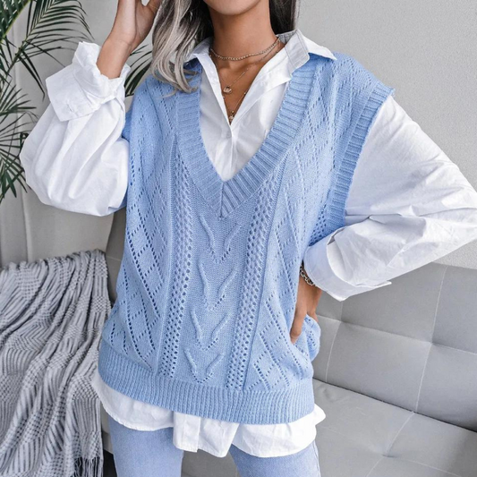 Pull Sans Manches en Maille Torsadée à Col V pour Femme