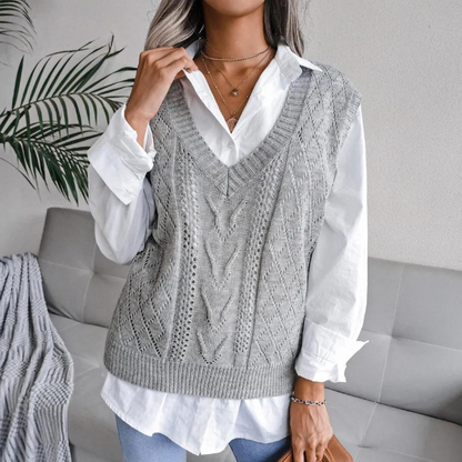 Pull Sans Manches en Maille Torsadée à Col V pour Femme