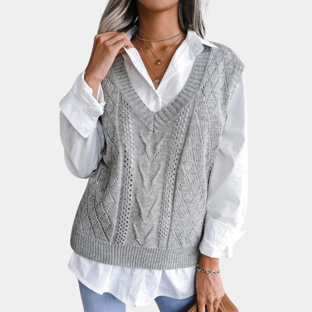 Pull Sans Manches en Maille Torsadée à Col V pour Femme