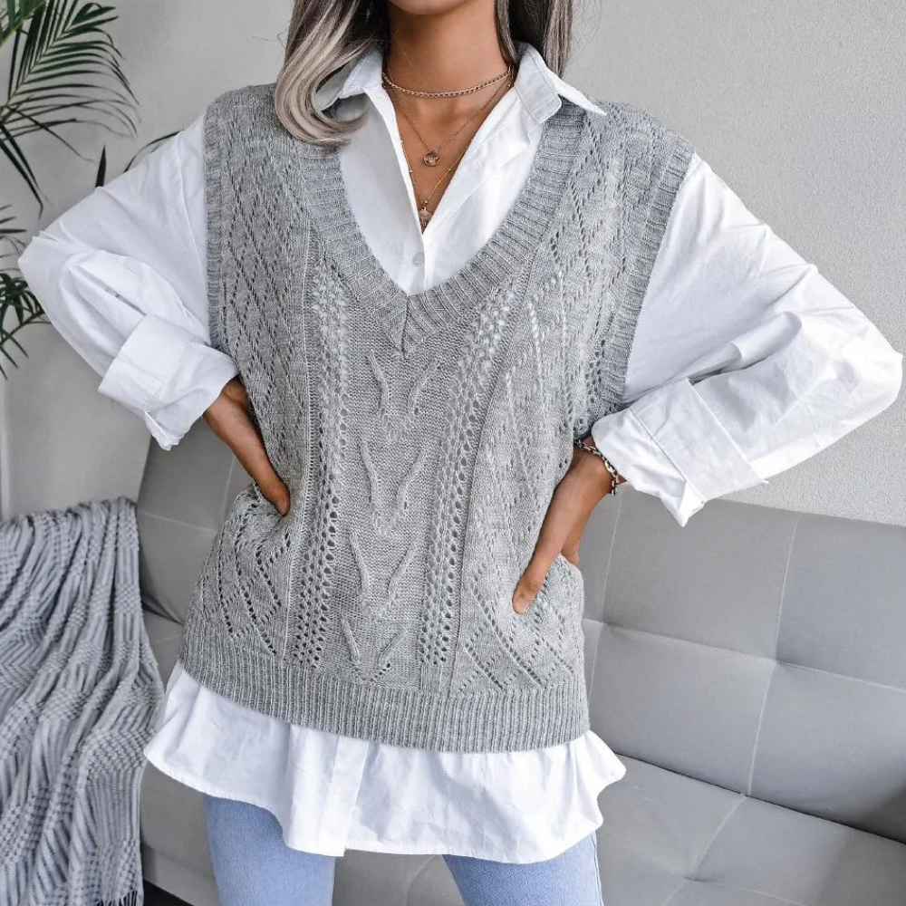 Pull Sans Manches en Maille Torsadée à Col V pour Femme