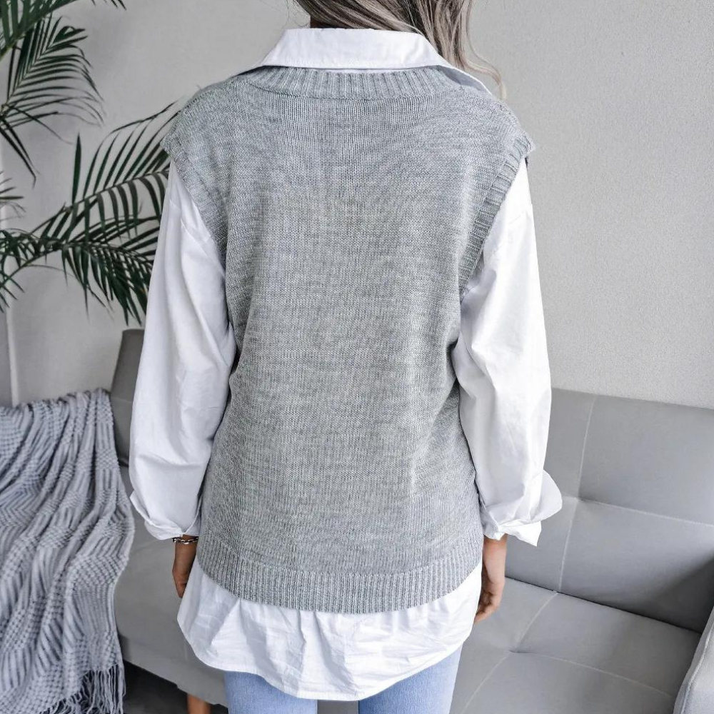 Pull Sans Manches en Maille Torsadée à Col V pour Femme