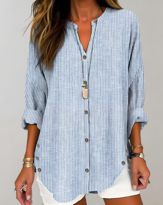 Chemise Femme Rayée à Manches Longues – Boutonnée, Coupe Décontractée