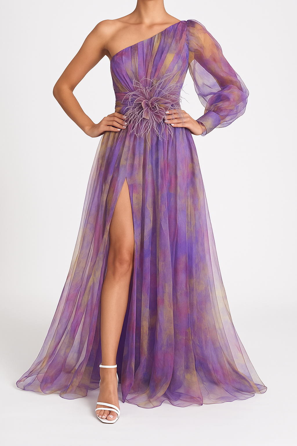 Robe de Soirée Longue femme à une épaule, Motif Fleuri et DéCoupes Latérales