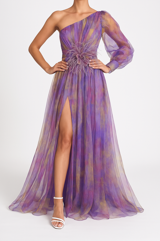 Robe de Soirée Longue Femme à Une Épaule, Motif Fleuri et Découpes Latérales